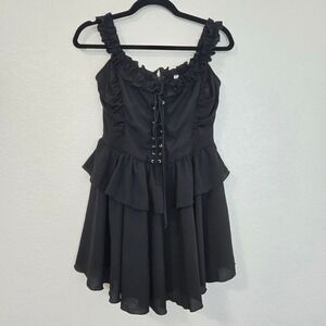 Lucy in the Sky M Black Ruffle Lace Up Corset Tiered Mini Dress Whimsigoth